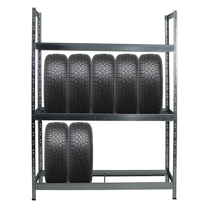 Proregal Reifenregal Mega Deal Tiger XL - Stecken, Verzinkt - Regal mit Reifen. Auf zwei Ebenen sind Reifen für Autos gelagert. Das Gestell ist aus Metall und bietet Platz für mehrere Reifen.