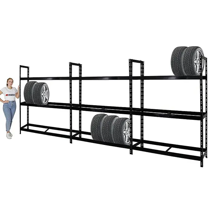Proregal Reifenregal Mega Deal Tiger XL - Stecken, Schwarz - Schwarzes Reifenregal mit Reifen darauf, mit einer Person zur Veranschaulichung der Größe.
