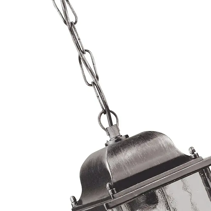 Elstead Außenleuchte Wexford - 60 W, Farbe Gehäuse: Schwarz/ Silber, 15,9 x 15,9 x 46 cm, Ohne Leuchtmittel - Nahaufnahme einer industriellen Hängelampe mit Kettenaufhängung. Das Metallgehäuse wirkt robust und detailreich.