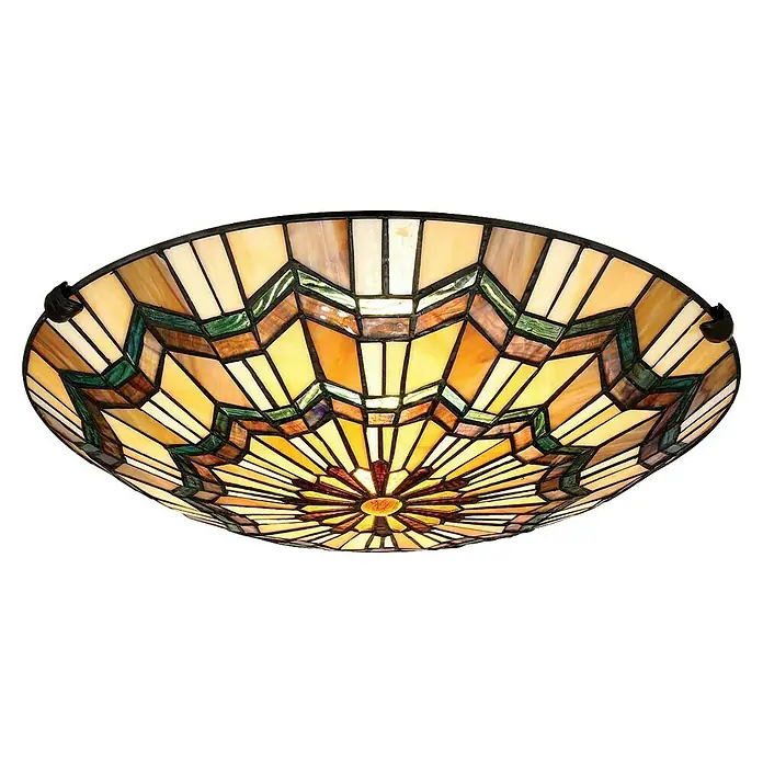 Elstead Deckenleuchte Alcott - 60 W, L x B x H: 42,1 x 42,1 x 13,5 cm, Bronze, E27 - Diese Deckenleuchte im Tiffany-Stil besticht durch ihr geometrisches Muster in Gelb-, Braun- und Grüntönen, das jedem Raum einen eleganten Touch verleiht.