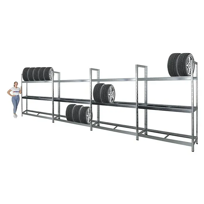 Proregal Reifenregal Mega Deal Tiger XL - Stecken, Verzinkt - Bild eines Reifenregals aus Metall mit mehreren Reifen darauf, daneben eine Frau als Größenvergleich.