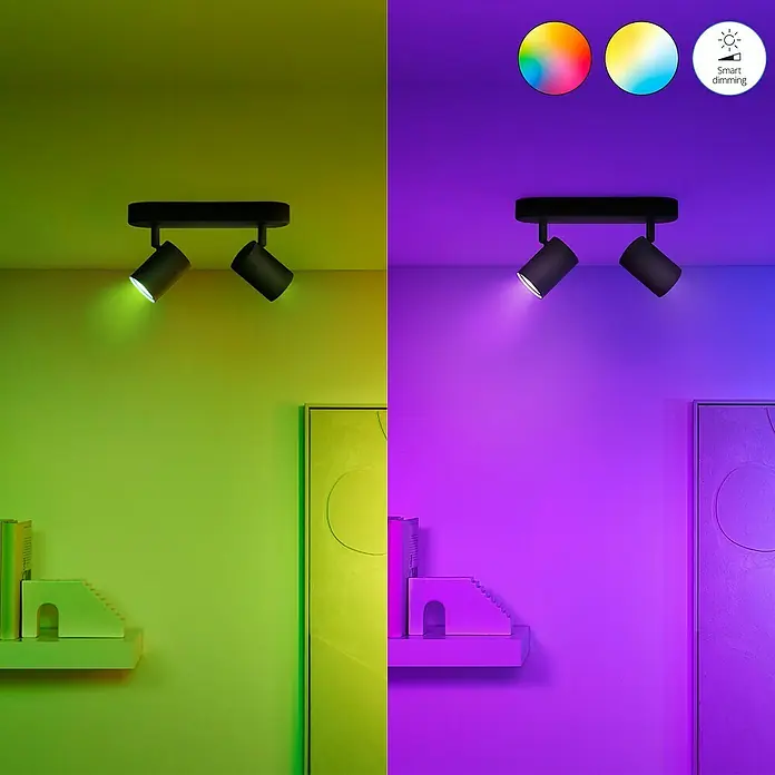 Philips Wiz Smart-LED-Lampe - GU10, Dimmbar, RGBW, 400 lm, 5 W, 2 Stk. - Buntes LED-Doppelstrahler-Deckenleuchte-Set mit verschiedenen Farbmodi und Dimmfunktion für eine stimmungsvolle Beleuchtung.