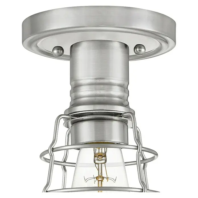 Elstead Deckenleuchte Mixon - 60 W, Ø x H: 14 x 27,1 cm, Nickel gebürstet, E27 - Nahaufnahme einer stilvollen Deckenleuchte mit Metallelementen und sichtbarer Glühbirne, ideal für moderne Innenräume.