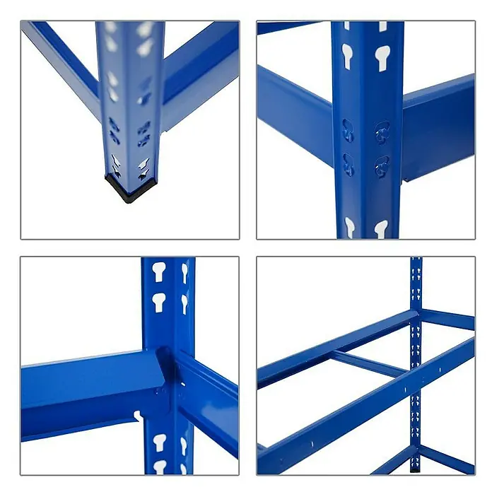 Proregal Reifenregal Mega Deal Tiger XL - Stecken, Blau - Detaillierte Ansicht eines blauen Metallregals, das die Bauweise und die Lochmuster zur Höhenverstellung zeigt.