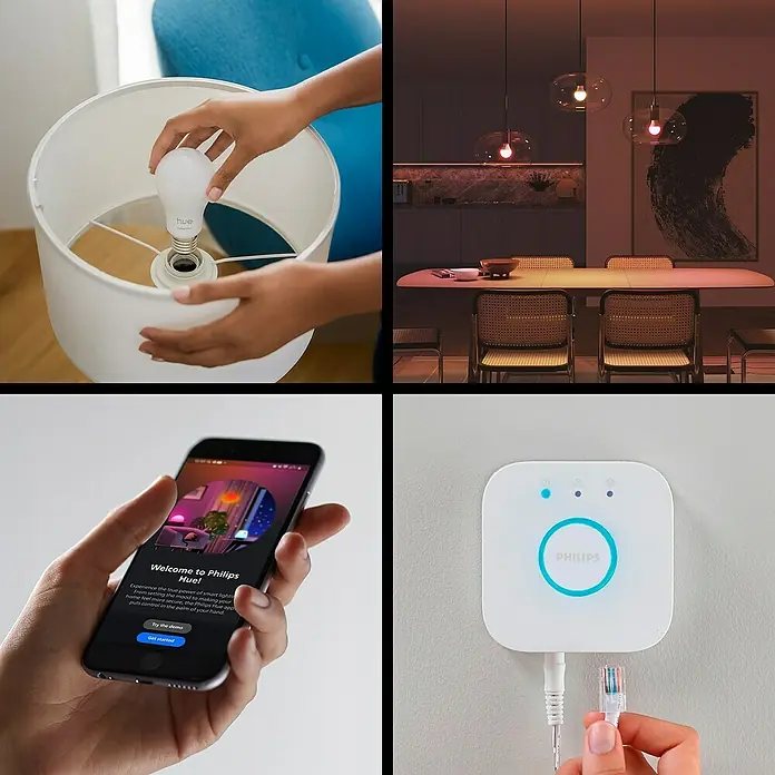 Philips Hue Smart-LED-Lampe Set Essential mit Dimmcontroller, Steuerzentrale - 8 W, RGBW, 806 lm, 1 Stk. - Bild von Philips Hue Smart-Beleuchtung, mit Lampe, Bridge und Smartphone-App zur Steuerung für ein vernetztes, intelligentes Zuhause.