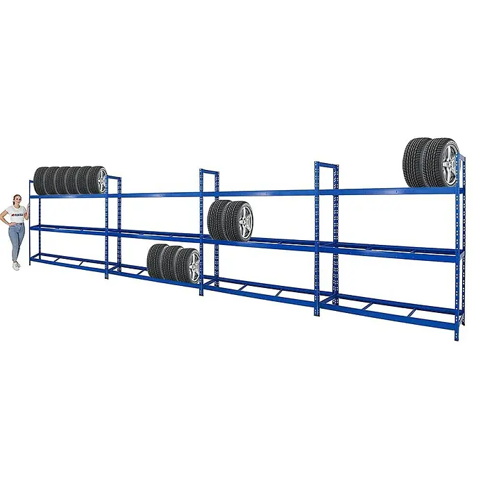 Proregal Reifenregal Mega Deal Tiger XL - Stecken, Blau - Abbildung eines blauen Reifenregals mit mehreren Reifen, das zur Lagerung und Organisation von Reifen in einer Garage oder Werkstatt dient.