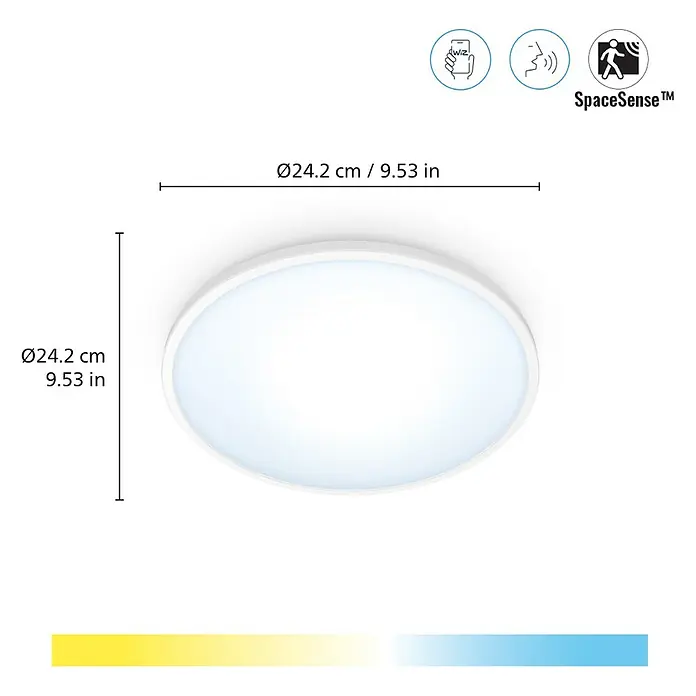 Philips Wiz LED-Deckenleuchte rund Tunable White SuperSlim - 14 W, Ø x H: 24,2 x 2,3 cm, Farbe Gehäuse: Weiß, Kaltweiß - Bild einer LED-Deckenleuchte mit Angaben zu den Abmessungen: Ø24,2 cm / 9,53 in. mit den SpaceSense™-Funktionen.