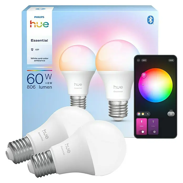 Philips Hue Smart-LED-Lampe Set Essential - E27, Dimmbar, RGBW, 806 lm, 8 W, 2 Stk. - Abbildung eines Philips Hue Essential Smart LED Lampen Startersets mit vier Lampen und einer Smartphone-App zur Steuerung der Beleuchtung.