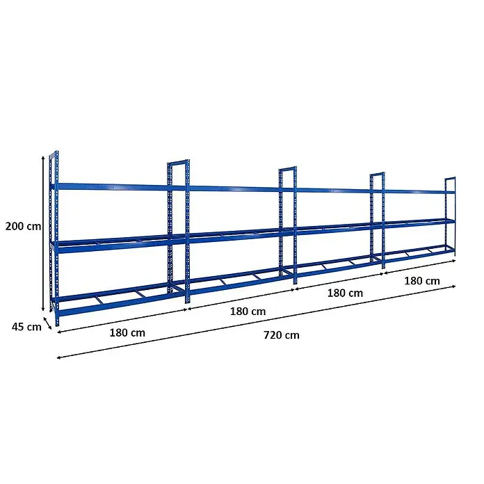 Proregal Reifenregal Mega Deal Tiger XL - Stecken, Blau - Abbildung eines blauen Lagerregals mit Abmessungen. Die Abmessungen des Regals sind darauf markiert.