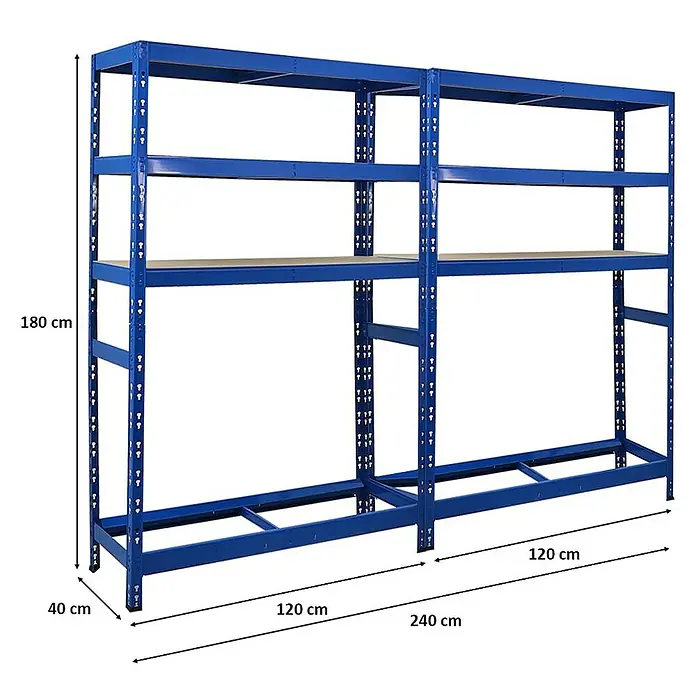 Proregal Reifenregal Mega Deal Tiger mit Fachboden - H x B x T: 180 x 120 x 40 cm, Stecken, Blau - Das Bild zeigt ein blaues Schwerlastregal mit vier Ebenen und den Maßen 180 cm Höhe, 120 cm Breite und 40 cm Tiefe.