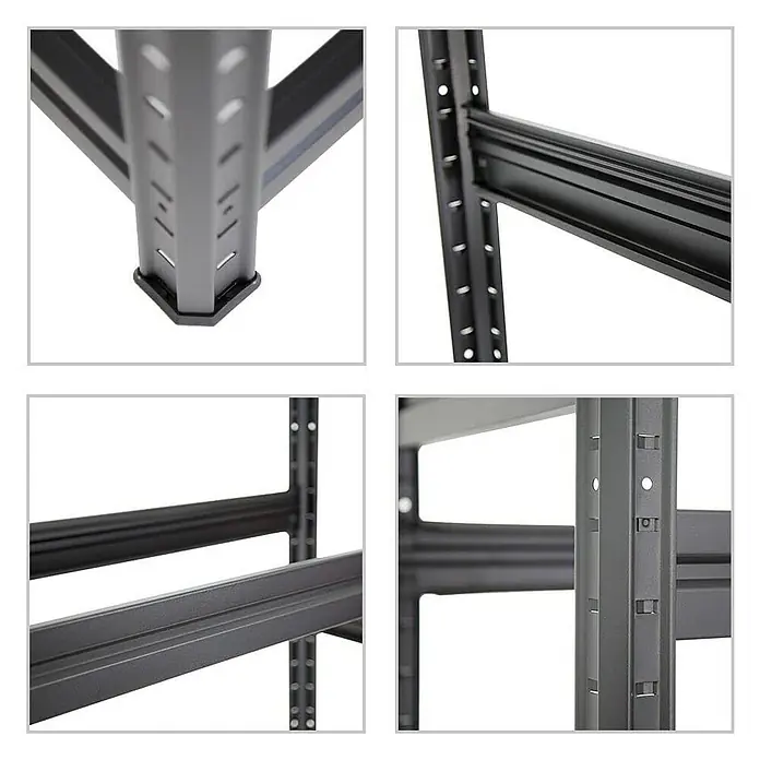 Proregal Reifenregal DINO - Stecken, Schwarz - Nahaufnahme von Details eines grauen Metallregalsystems, das seine Konstruktion und Stabilität hervorhebt.