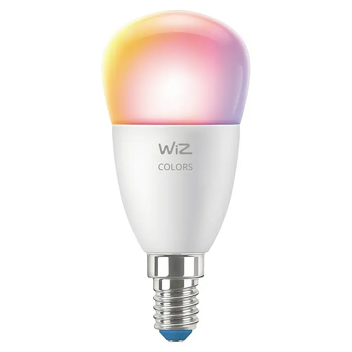 Philips Wiz Smart-LED-Lampe - E14, Dimmbar, RGBW, 470 lm, 4,9 W, 1 Stk. - Nahaufnahme einer smarten WiZ Colors Lampe mit mehreren Farben, die sich hervorragend zur Anpassung der Beleuchtung eignet.