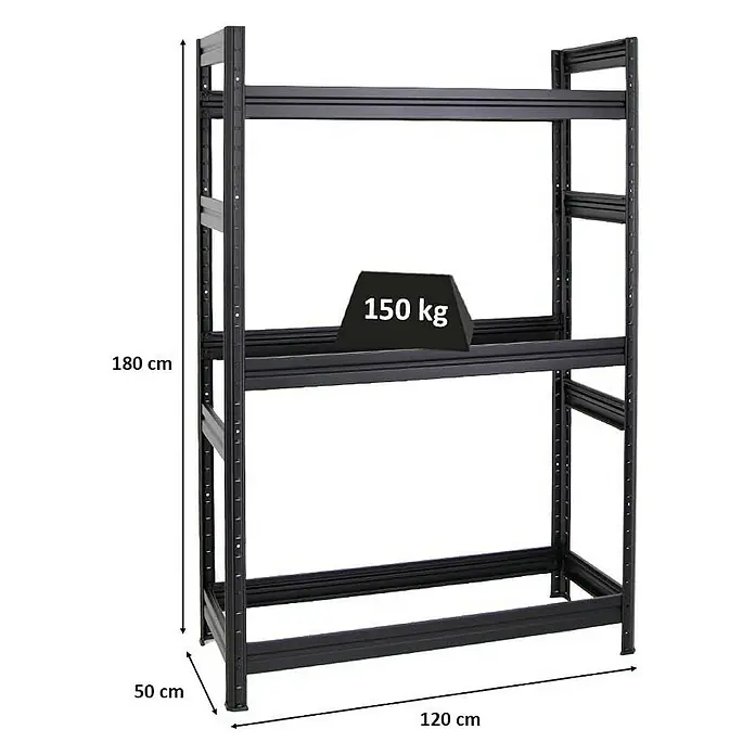 Proregal Reifenregal DINO - Stecken, Schwarz - Produktbild eines schwarzen Metallregals mit den Maßen 180x120x50 cm, belastet mit 150 kg.