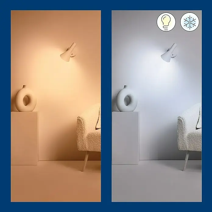 Philips Wiz Smart-LED-Lampe - E14, Dimmbarkeit: Dimmbar, RGBW, 470 lm, 4,6 W - Wandleuchte mit verstellbarem Lichtton. Warmes Licht links, kühles Licht rechts, um die Vielseitigkeit der Leuchte zu zeigen.