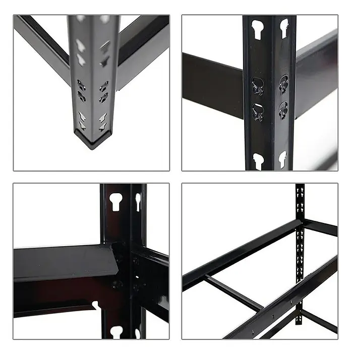 Proregal Reifenregal Mega Deal Tiger XL - Stecken, Schwarz - Detailansichten eines schwarzen Metallregals mit verstellbaren Ebenen, ideal für Lagerung und Organisation.