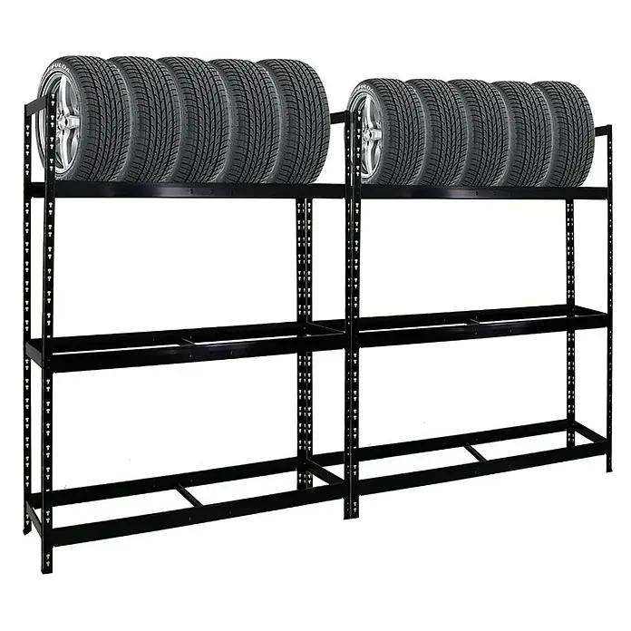 Proregal Reifenregal Mega Deal Tiger XL - Stecken, Schwarz - Schwarzes Reifenregal mit zwei Ebenen, die obere mit Reifen bestückt. Ideal zur Lagerung von Reifen in der Garage oder Werkstatt.
