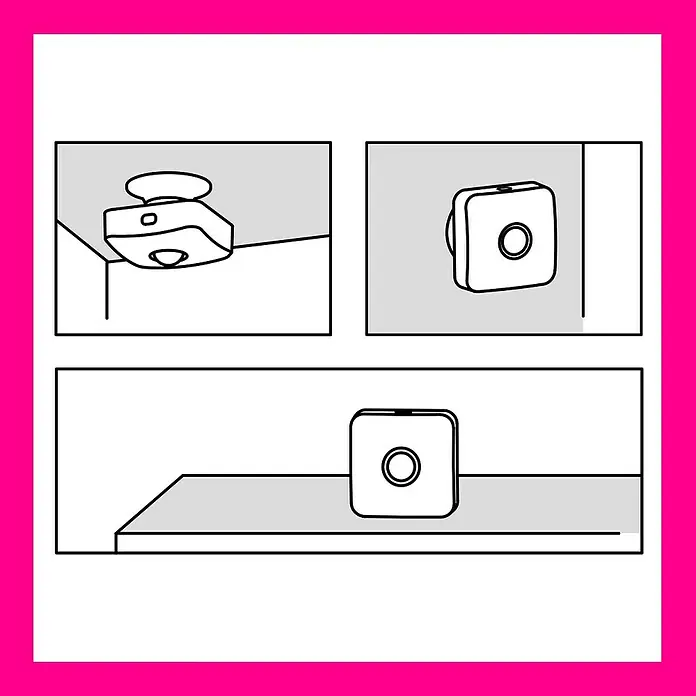 WiZ Bewegungsmelder - Reichweite Sensor: 3 m, Weiß, L x B x H: 6,2 x 6,2 x 5 cm - Drei Ansichten eines intelligenten Sensors, der an der Decke, an der Wand oder auf einer Oberfläche montiert werden kann.