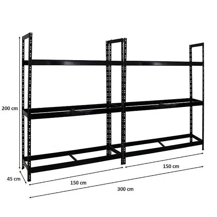 Proregal Reifenregal Mega Deal Tiger XL - Stecken, Schwarz - Abbildung eines schwarzen Metallregals mit den Maßen 200 cm Höhe, 300 cm Länge und 45 cm Tiefe.