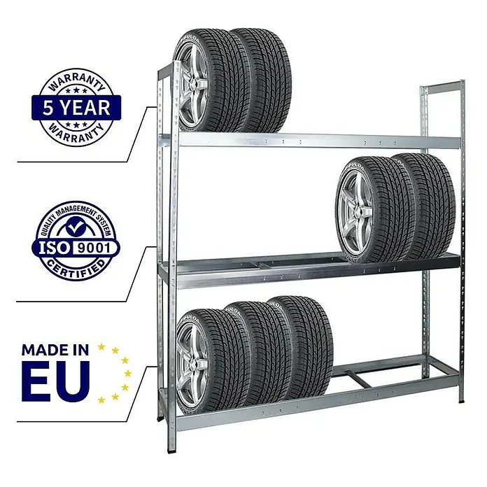 Proregal Reifenregal Mega Deal Tiger XL - Stecken, Verzinkt - Reifenregal mit Autoreifen auf drei Etagen und Logos zum Produkt, wie Garantie, ISO-Zertifizierung und Herstellungsort.