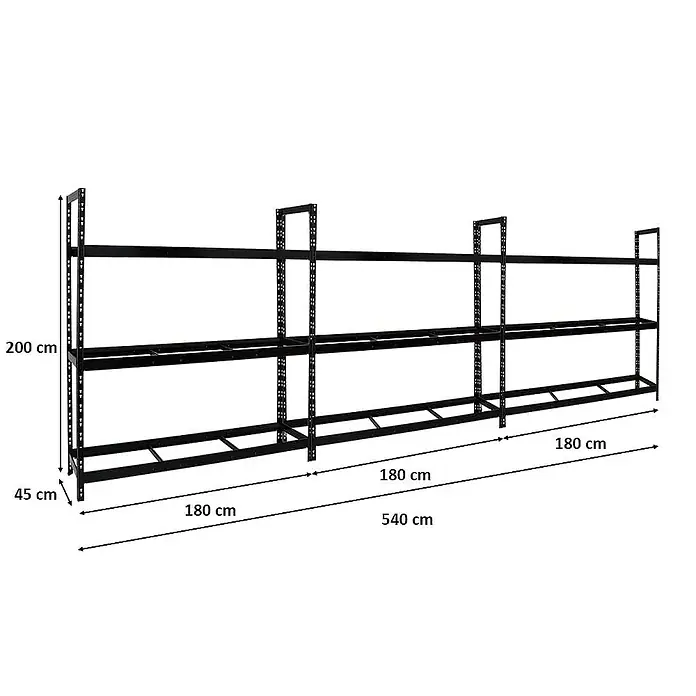 Proregal Reifenregal Mega Deal Tiger XL - Stecken, Schwarz - Abbildung eines schwarzen Metallregals mit den Maßen 200 cm Höhe, 45 cm Tiefe und 540 cm Breite.