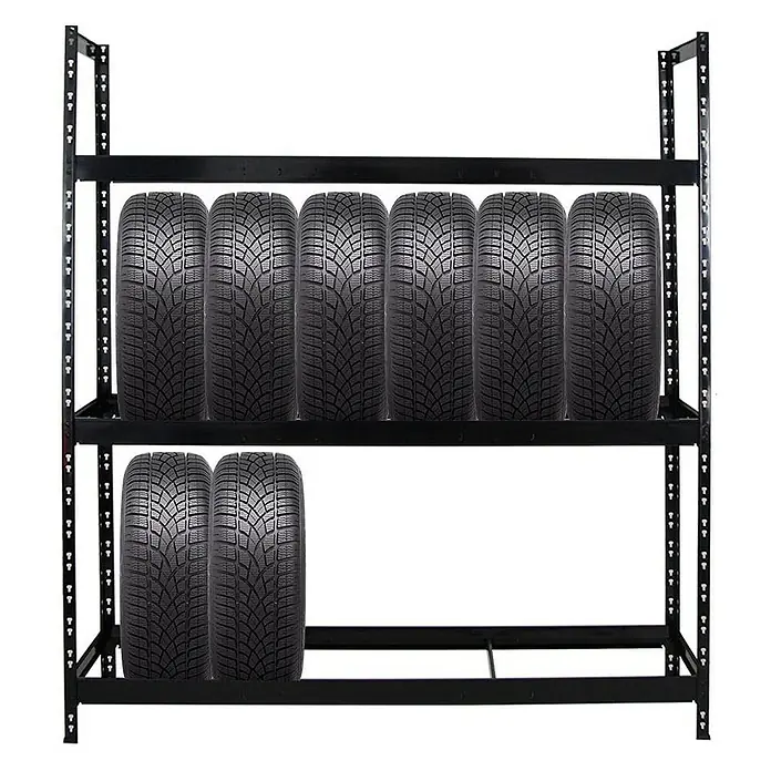 Proregal Reifenregal Mega Deal Tiger XL - Stecken, Schwarz - Schwarzes Reifenregal mit zwei Ebenen, auf denen Winterreifen gelagert werden. Ideal für die saisonale Reifenlagerung.