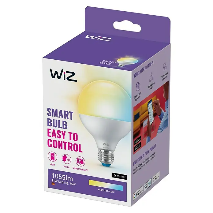 Philips Wiz Smart-LED-Lampe matter - E27, Dimmbar, Neutralweiß, 1.055 lm, 11 W, 1 Stk. - Eine smarte Wiz-Glühbirne in ihrer Verpackung, die einfache Steuerung und Wi-Fi-Kompatibilität hervorhebt. Ideal für intelligente Beleuchtung.