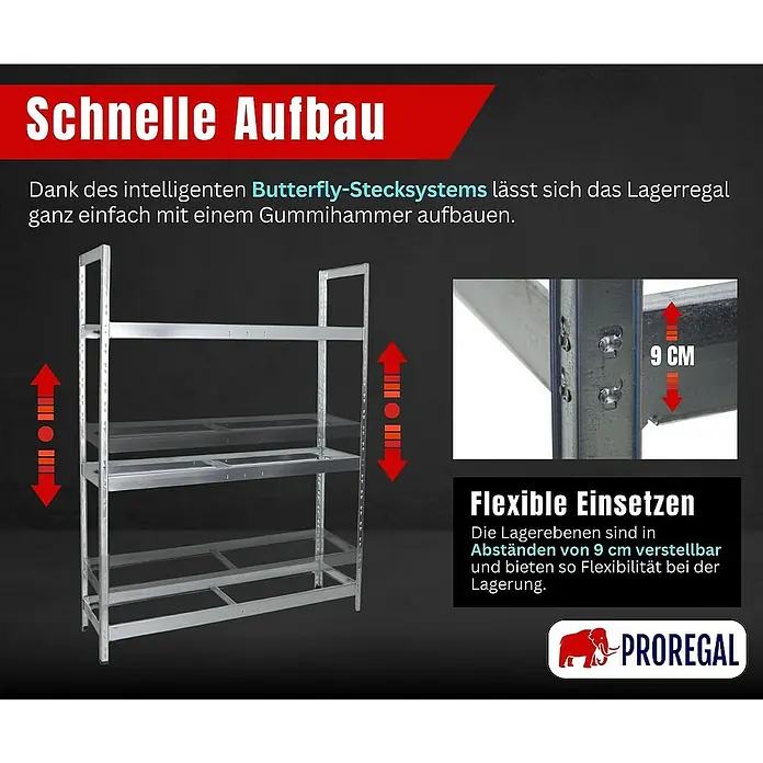 Proregal Reifenregal Tiger XL - H x B x T: 200 x 150 x 45 cm, Stecken, Verzinkt - Regalsystem mit einfacher Montage dank intelligentem Butterfly-Stecksystem, höhenverstellbar für flexible Lagerung.