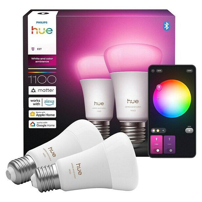 Philips Hue Smart-LED-Lampen Set White and Color 1100 matter (E27, Dimmbar, RGB, 1 100 lm, 8,1 W, 2 Stk.) | BAUHAUS
