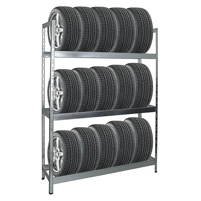 Proregal Reifenregal Tiger XL - H x B x T: 200 x 150 x 45 cm, Stecken, Verzinkt - Reifenregal mit drei Etagen, voll mit gestapelten Fulda-Reifen auf jeder Ebene, ideal zur Lagerung von Reifen.