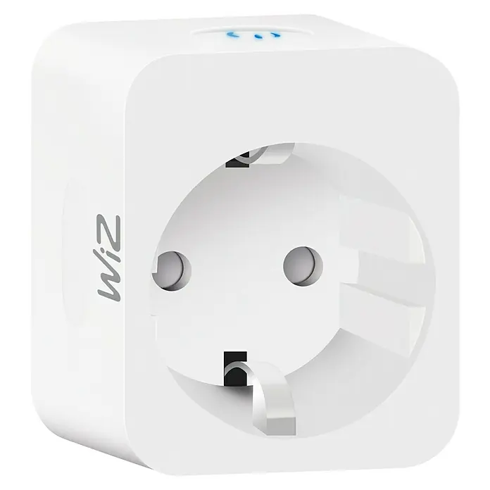 Philips Wiz Smart-Steckdose - Innen, IP20, Weiß, 1 Stk. - Nahaufnahme eines WiZ Smart Plug, ein kompakter Adapter für intelligente Hausautomation, mit einem Eurostecker-kompatiblen Anschluss.