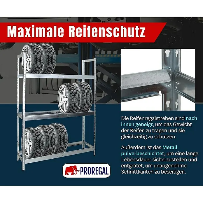 Proregal Reifenregal Tiger XL - H x B x T: 200 x 150 x 45 cm, Stecken, Verzinkt - Reifenschutzregal mit drei Ebenen zur Lagerung von Reifen. Das Metall ist pulverbeschichtet für lange Lebensdauer.