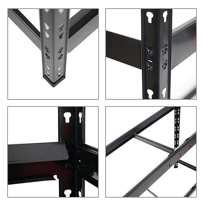 Proregal Reifenregal Mega Deal Tiger XL - Stecken, Schwarz - Detailansicht eines schwarzen Metallregals mit verstellbaren Regalböden und einem stabilen Rahmen für Lagerzwecke.
