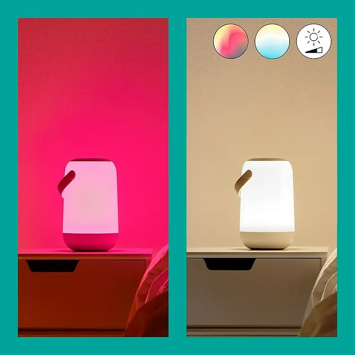 Philips Wiz LED-Tischleuchte Mobile - 14 W, L x B x H: 15 cm x 11,6 cm x 19,3 mm, Weiß, RGB - Das Bild zeigt eine moderne Nachttischlampe mit Farbwechsel-Funktion, die stimmungsvolles Licht erzeugt. Perfekt für Schlafzimmer!