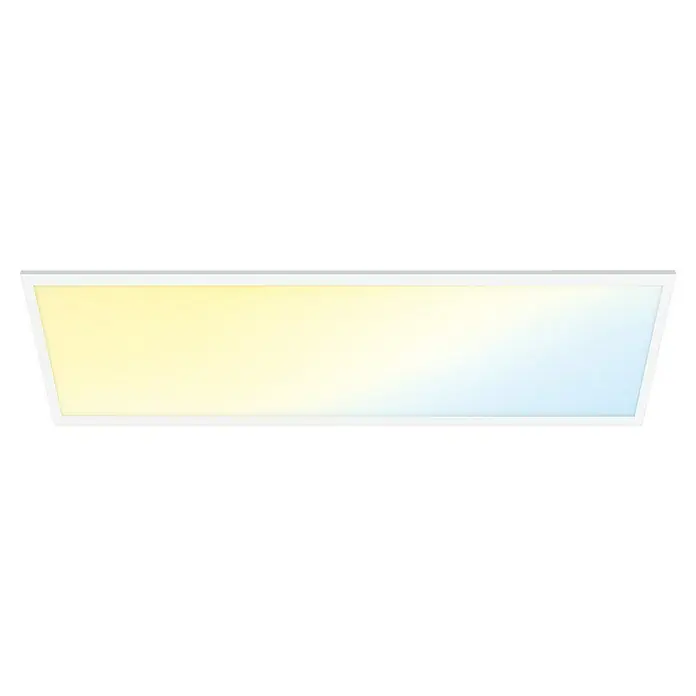 Philips Wiz LED-Panel Tunable White Slim Design - 36 W, L x B x H: 119,5 x 29,5 x 4 cm, Weiß, Kaltweiß - Das Bild zeigt eine LED-Deckenleuchte mit einem weißen Rahmen, die ein warmes, gelbes Licht auf der linken Seite und ein kühles, blaues Licht auf der rechten Seite ausstrahlt.