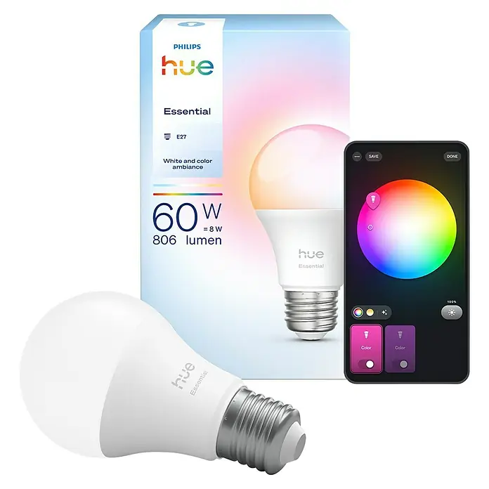 Philips Hue Smart-LED-Lampe Set Essential - E27, Dimmbar, RGBW, 806 lm, 8 W, 1 Stk. - Produktbild der Philips Hue Essential-Lampe mit Verpackung und App-Steuerung zur Farbanpassung.