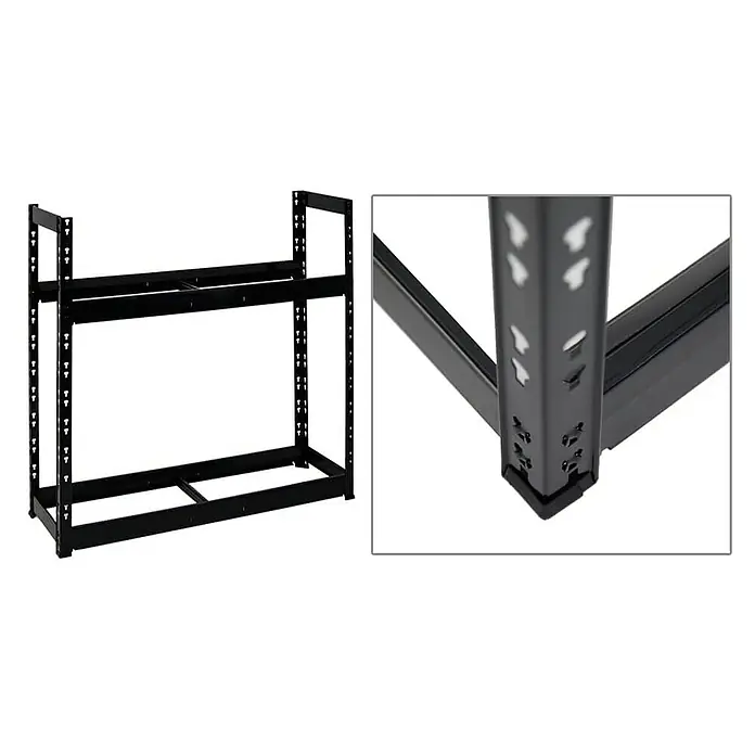 Proregal Reifenregal Mega Deal Tiger - Stecken, Schwarz - Ein detailliertes Bild eines schwarzen Regalsystems, das die robuste Bauweise und die verstellbaren Elemente hervorhebt. Ideal für Lagerlösungen.