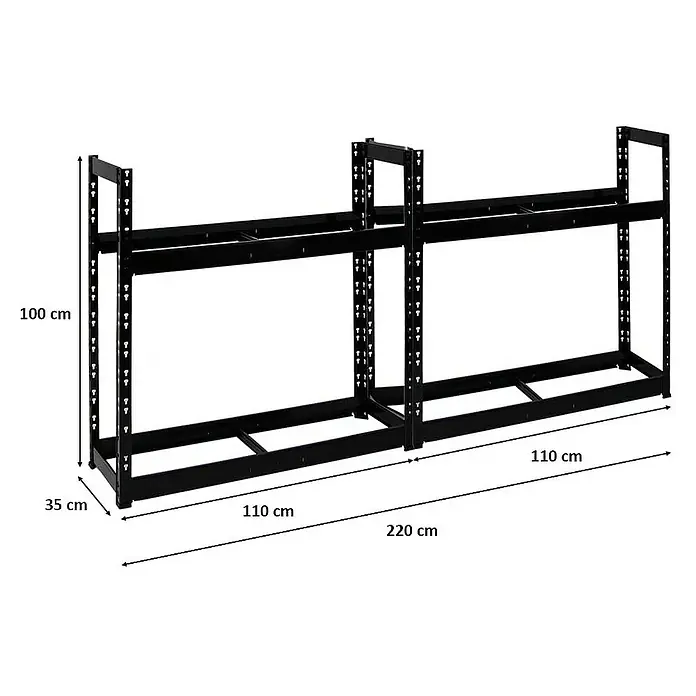Proregal Reifenregal Mega Deal Tiger - Stecken, Schwarz - Abbildung eines schwarzen Metallregals mit den Maßen 100 cm Höhe, 35 cm Tiefe und 220 cm Breite.
