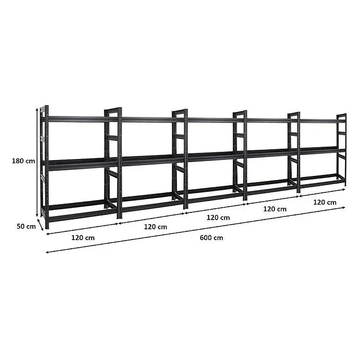Proregal Reifenregal Mega Deal DINO - Stecken, Schwarz - Abbildung eines schwarzen Schwerlastregals mit drei Ebenen und den Maßen 180 cm Höhe, 50 cm Tiefe und 600 cm Breite.