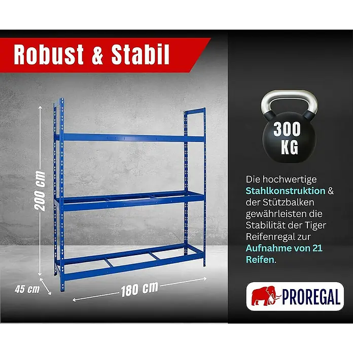 Proregal Reifenregal Tiger XL - H x B x T: 200 x 180 x 45 cm, Stecken, Blau - Abbildung eines blauen Lagerregals mit drei Ebenen und den Maßen 200x180x45 cm, das für Robustheit und Stabilität steht.