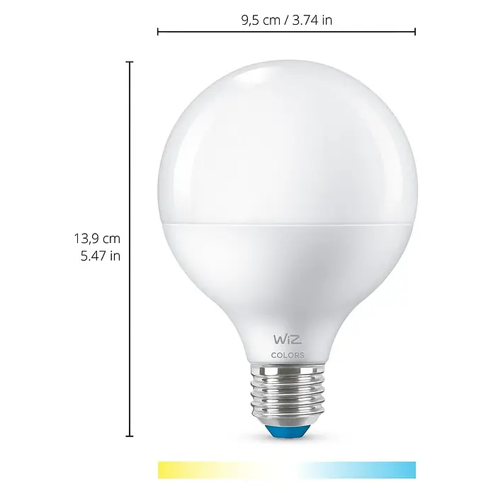 Philips Wiz Smart-LED-Lampe matter - E27, Dimmbar, Neutralweiß, 1.055 lm, 11 W, 1 Stk. - Eine WiZ Colors G95 Glühbirne mit den Maßen 9,5 cm Breite und 13,9 cm Höhe.