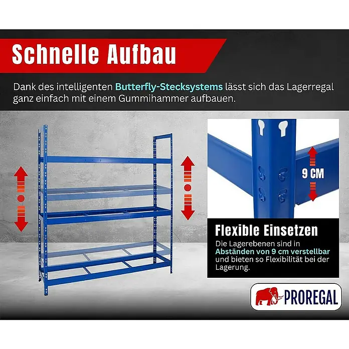 Proregal Reifenregal Tiger XL - H x B x T: 200 x 180 x 45 cm, Stecken, Blau - Lagerregal mit verstellbaren Regalböden im Abstand von 9 cm für flexible Lagermöglichkeiten.