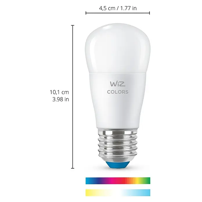 Philips Wiz Smart-LED-Lampe - E27, Dimmbar, RGBW, 470 lm, 4,9 W, 1 Stk. - Das Bild zeigt eine intelligente WiZ Colors Lampe mit den Maßen 10,1 cm Höhe und 4,5 cm Breite.