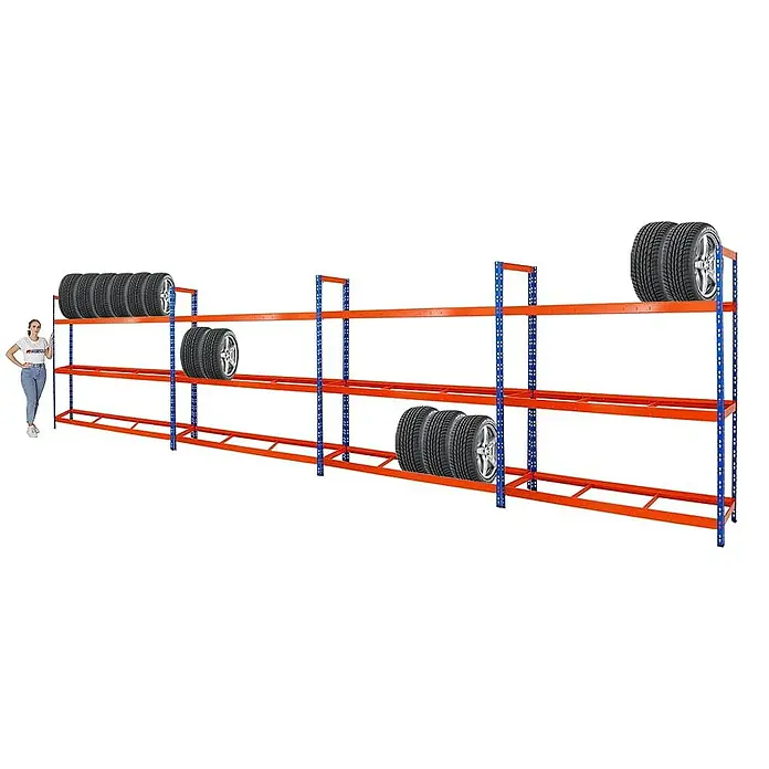 Proregal Reifenregal Mega Deal Tiger XL - Stecken, Blau-Orange - Abbildung eines Reifenspeicherregals mit mehreren Reifen darauf.