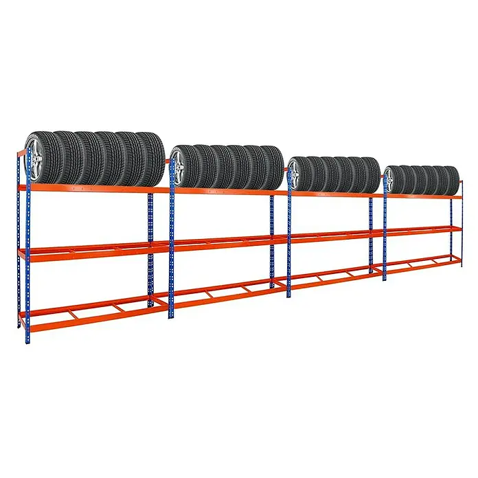 Proregal Reifenregal Mega Deal Tiger XL - Stecken, Blau-Orange - Reifenregal mit Reifen auf drei Regalebenen, stabile Konstruktion für die Lagerung von Autoreifen, ideal für Werkstätten und Lager.