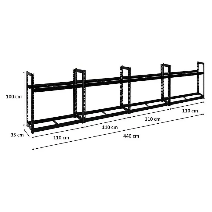 Proregal Reifenregal Mega Deal Tiger - Stecken, Schwarz - Abbildung eines schwarzen Lagerregals mit den Maßen 100 cm Höhe, 35 cm Tiefe und 440 cm Länge.