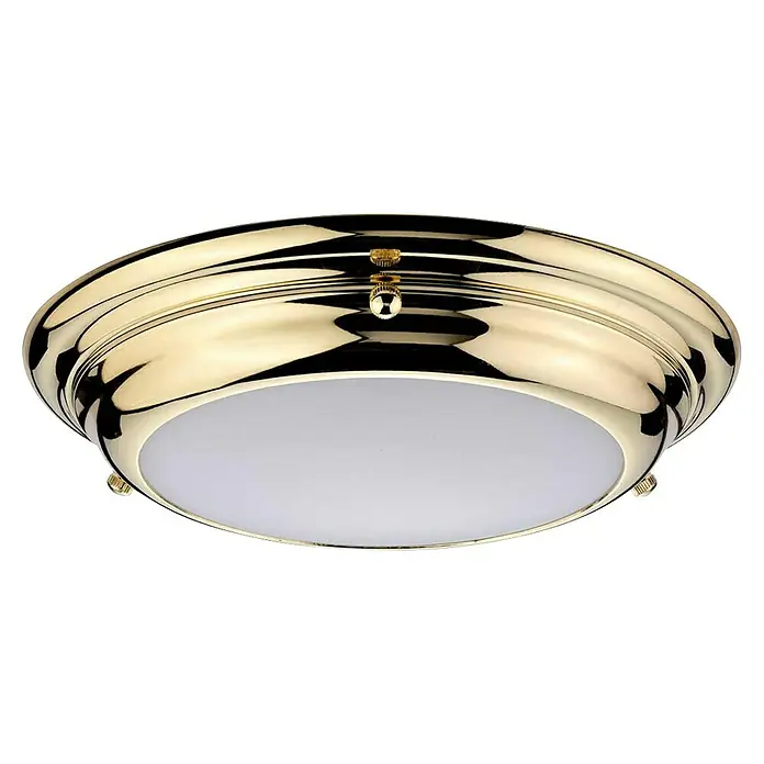 Elstead LED-Deckenleuchte Welland - 12 W, L x B x H: 24,5 x 24,5 x 4,8 cm, Messing, Warmweiß - Nahaufnahme einer glänzenden, runden Deckenleuchte in Goldoptik mit einem schlichten, weißen Diffusor für eine elegante Beleuchtung.