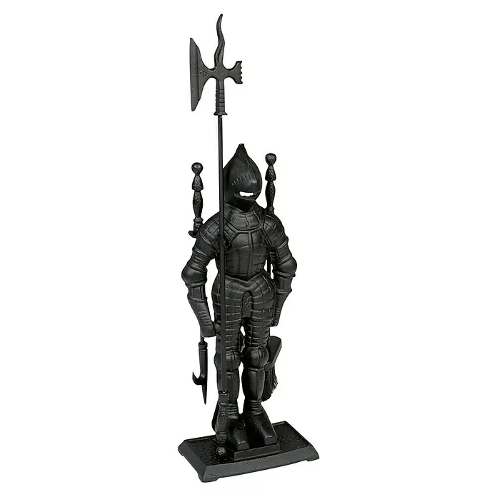 Kamingarnitur Ritter - 4 -tlg., Gusseisen, Schwarz - Schwarzer Kaminbesteck-Set, das einen Ritter in voller Rüstung mit einer Axt darstellt, ideal für Kaminliebhaber.