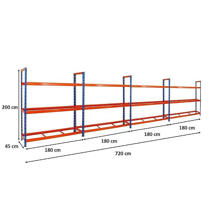 Proregal Reifenregal Mega Deal Tiger XL - Stecken, Blau-Orange - Abbildung eines orangefarbenen und blauen Lagerregals mit Maßangaben zur Orientierung.