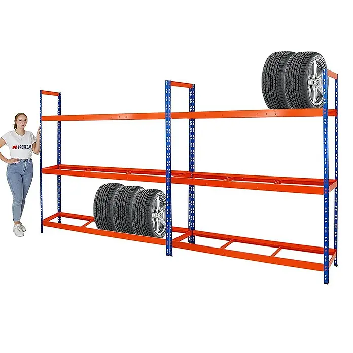 Proregal Reifenregal Mega Deal Tiger XL - Stecken, Blau-Orange - Reifenregal mit drei Ebenen, befüllt mit Autoreifen, zur Lagerung in Werkstatt oder Garage.