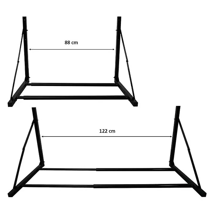 Proregal Reifenregal CARRERO klappbar - Schrauben, Schwarz - Produktabbildung mit den Maßen des schwarzen Hängemattengestells. Stabile Metallkonstruktion für entspannte Stunden im Garten.